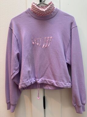 Lazy Oaf Lavender Crewneck Sweatshirt with Pink Embroidery